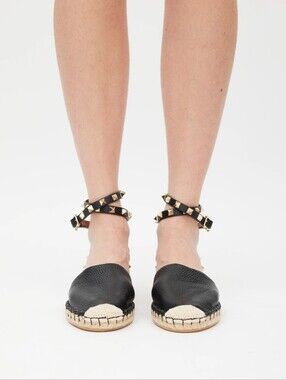 Black Studded Ankle-Strap Espadrille Flats with Woven Toe